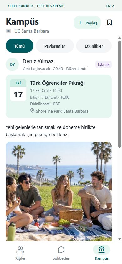TurkTayfa Kampüs ekranı; örnek öğrenci paylaşımları ve etkinlikler