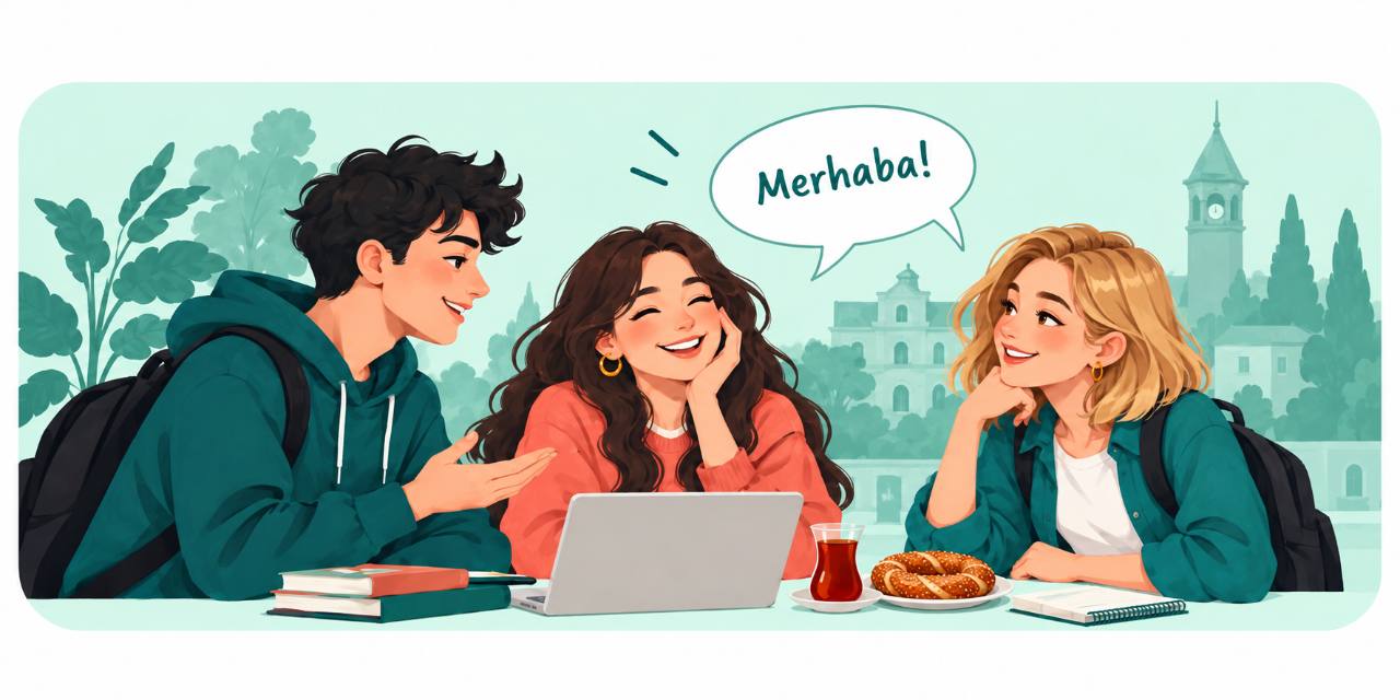 Kampüste sohbet eden üç öğrencinin Merhaba! balonlu illüstrasyonu